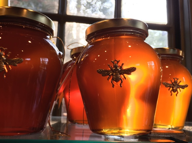 Pots of honey glowing from window light, with a bee on the jar
