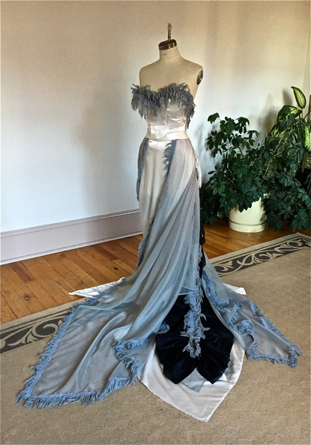 Faux feathered luxe gray and cream strapless ballgown